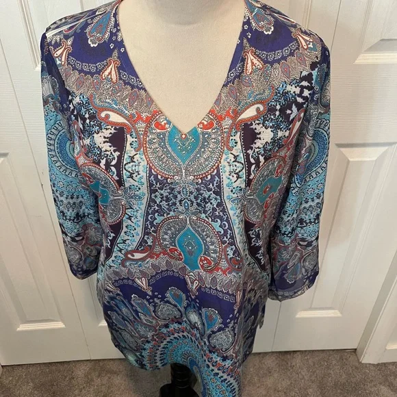 Chicos Size M V-Neck Paisley Print Tunic Top - Blue - Picture 2 of 15